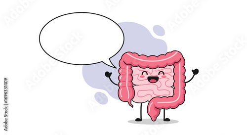 Happy intestine character illustration with speech bubble for medical education and health awareness