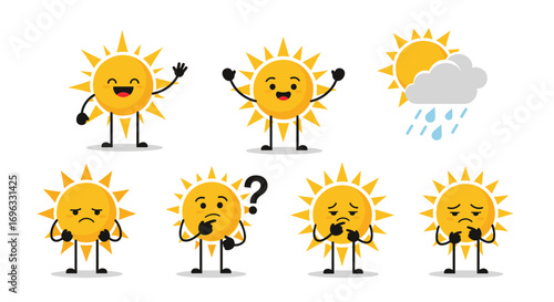 Cute sun character set illustrating various weather conditions and emotions