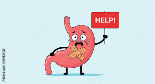 Cartoon stomach character holding a red help sign asking for assistance with bandages showing pain