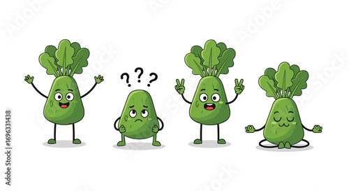 Four cartoon radishes showing different emotions and poses with happy faces