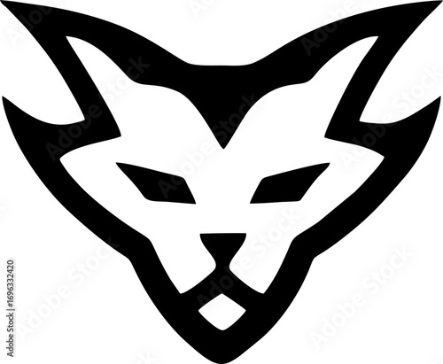 Bold and modern geometric animal head emblem, a stylized fierce cat or fox icon in black and white vector format for a powerful logo or mascot