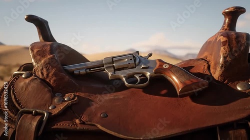 Classic revolver rests on worn leather saddle in a dusty desert landscape
