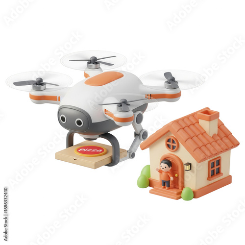 Drone Delivering Pizza To A Miniature House With A Person Standing Outside
