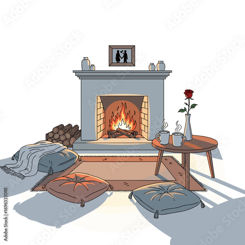 Cozy living room with fireplace, cushions, and hot drinks