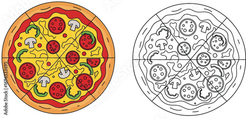 Top View Cartoon Pizza with Toppings - Pepperoni, Mushroom, and Bell Pepper Slices