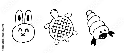 動物パンの線画イラストセット（うさぎ・かめ・キャラクターパン・ベクター素材）