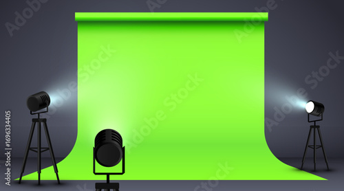 Green screen with studio spotlights. Realistic photo studio with professionals equipment.