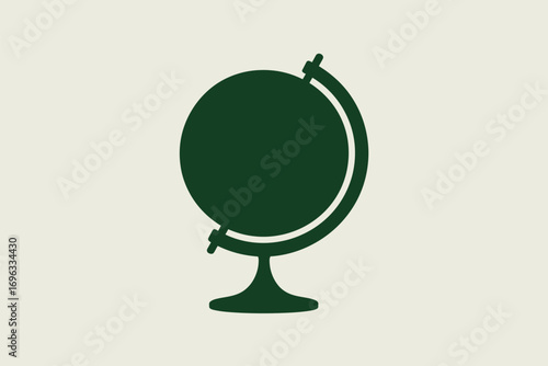 A dark green globe with a stand on a light background is centered in the image and is simple design