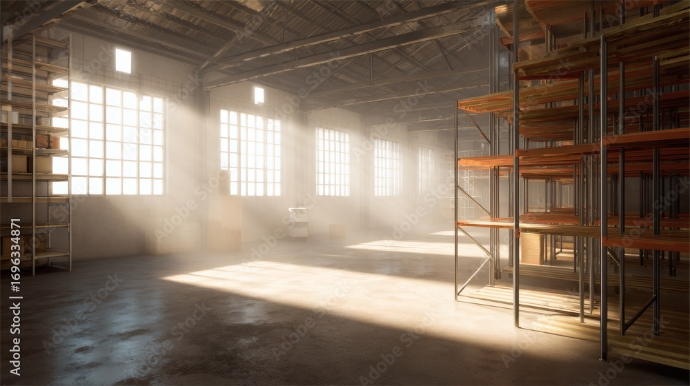 Fototapeta premium warehouse. An expansive warehouse with atmospheric light beams highlighting the industrial interior. safety posters.