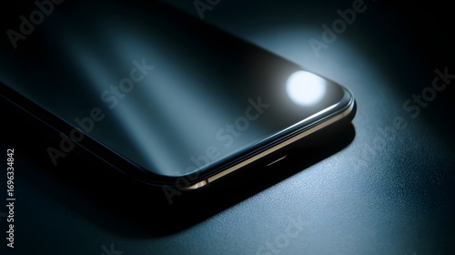 Sleek, dark smartphone angled, highlighting a reflective surface under dramatic lighting.