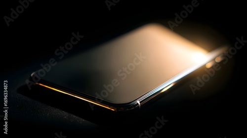 A sophisticated smartphone, angled, bathed in warm light, highlights its sleek, golden edges against a dark backdrop.