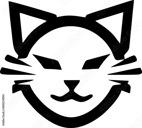 Sleek black vector illustration of a stylized cat face with a friendly grin, pointy ears, and prominent whiskers, ideal for modern graphic design elements