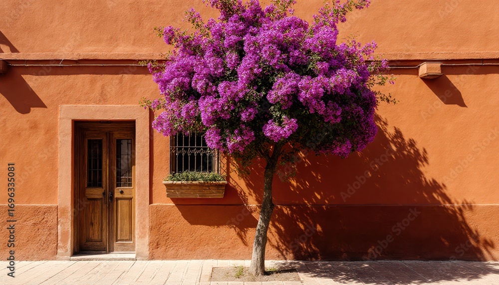 Fototapeta premium Blooming bougainvillea tree against rustic orange wall urban setting photography bright day vibrant colors