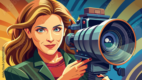 Close-up portrait of female filmmaker adjusting camera lens. Isolated background emphasizes confidence, skill, and storytelling.