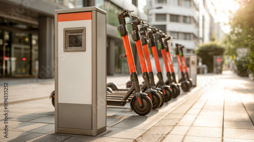 Electric scooters lined up neatly beside a charging station on a modern urban street, showcasing eco-friendly transportation options in a vibrant city environment