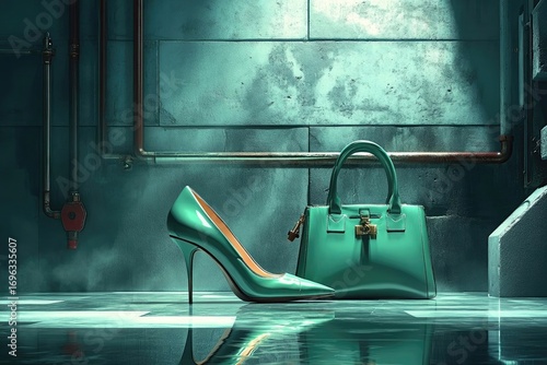 Teal high heels and handbag in a moody, industrial setting.
