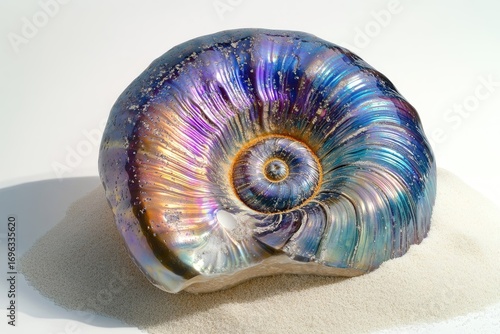 A mesmerizing iridescent ammonite fossil rests on a bed of sand, showcasing its vibrant colors and intricate spiral.