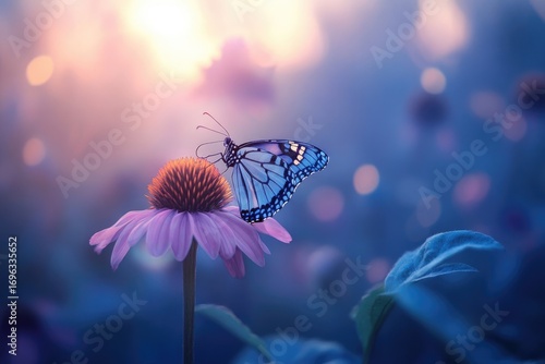 A serene image of a blue butterfly delicately perched on a purple flower at sunset.