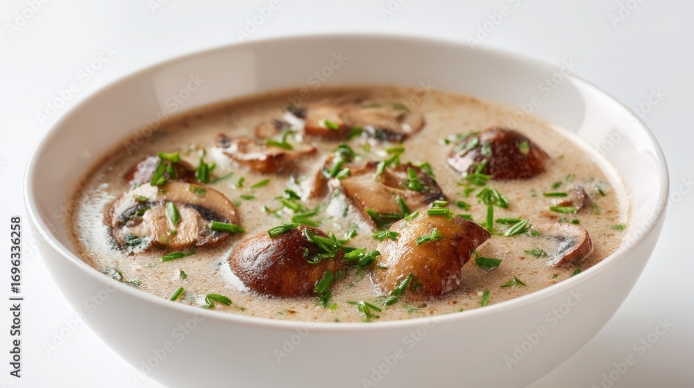 creamy mushroom soup in a bowl on a white background