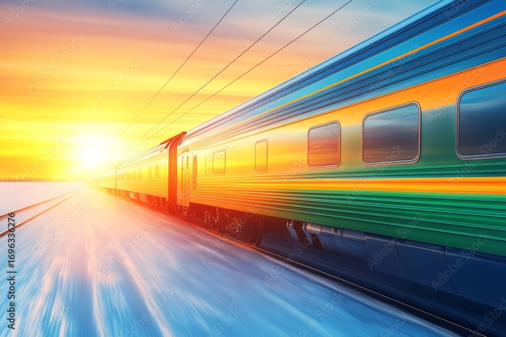 Naklejka premium Train speeding at sunset along a railway with vibrant colors illuminating the sky
