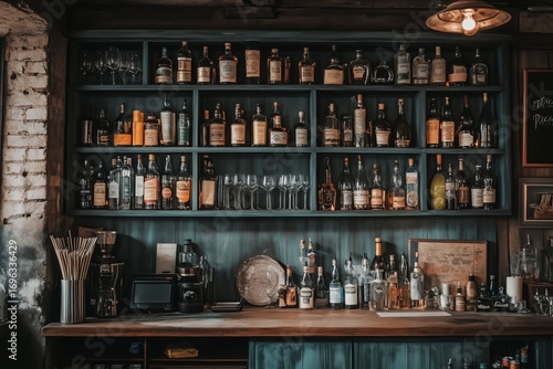 the counter bar in a cosy old english or irish pub with lots of whisky bottles in the background