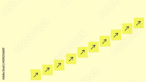 Multiple yellow sticky notes with black upward arrows arranged diagonally on a light yellow background, suggesting progress or growth.