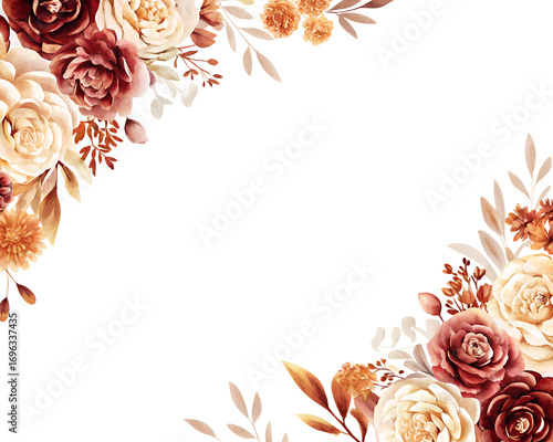 Autumn floral corner border with dahlia, rose and eucalyptus leaves. Fall frame, banner, background. Burnt orange flowers, yellow, terracotta foliage. Watercolor illustration. Rustic wedding