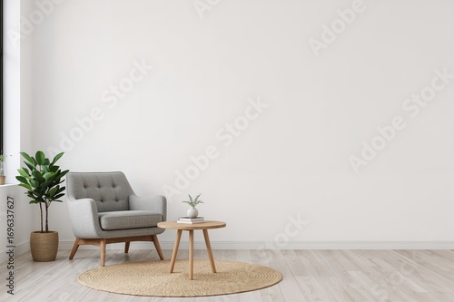 Wallpaper Mural Contemporary living room featuring a bright blank wall and gray furnishings, showcasing loft and vintage styles. Includes an armchair, a table with a potted green plant, and a circular rug on the Torontodigital.ca