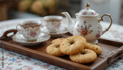 Wallpaper Mural Traditional tea set with cookies on wooden tray
 Torontodigital.ca