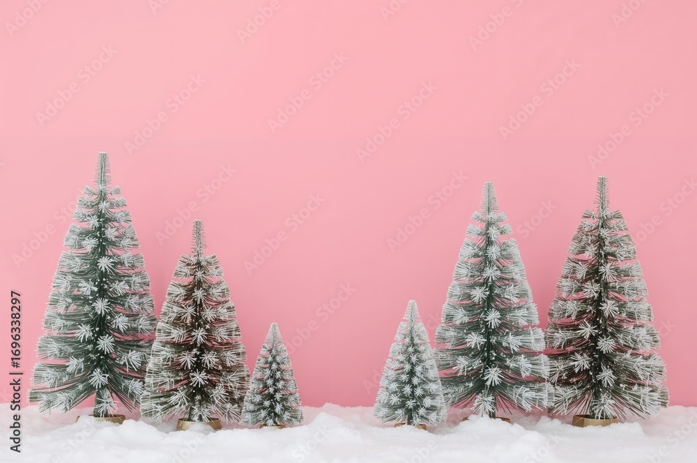 Obraz premium Wintertime Christmas trees set against a pink backdrop.