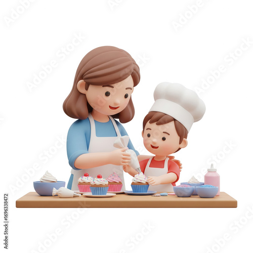 Mother And Child Bonding While Decorating Cupcakes Together On A Transparent Background