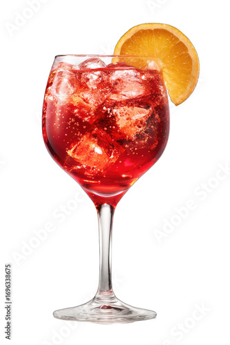 A classic Aperol Spritz cocktail with an orange slice garnish, isolated on a white background. A refreshing Italian aperitif or summer drink for a party or bar menu.