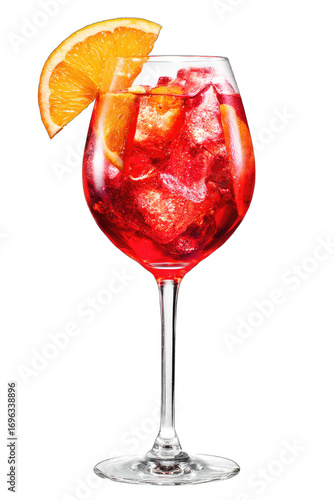 A classic Aperol Spritz cocktail with an orange slice garnish, isolated on a white background. A refreshing Italian aperitif or summer drink for a party or bar menu.