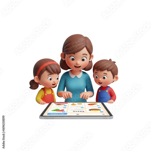 Cartoon Mother Teaching Children Using Tablet With Transparent Background Illustration Design