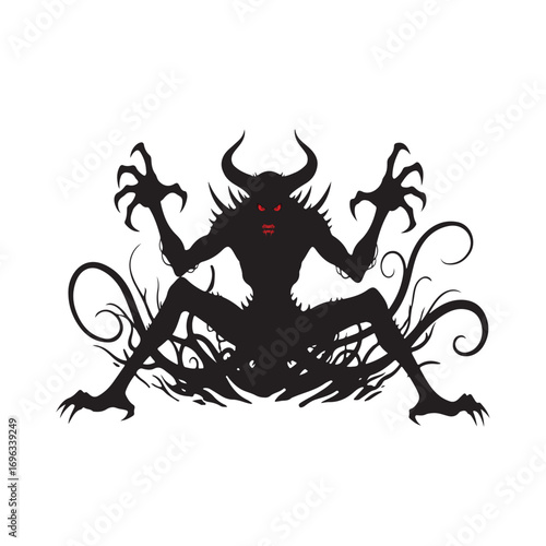Dark silhouette of a demonic creature with horns and claws on white background - Halloween Silhouette Vector Art