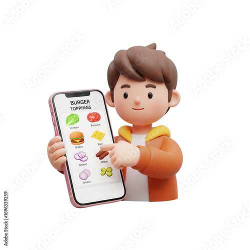 Cartoon Boy Ordering Burger Toppings Online Using Smartphone On A Transparent Background