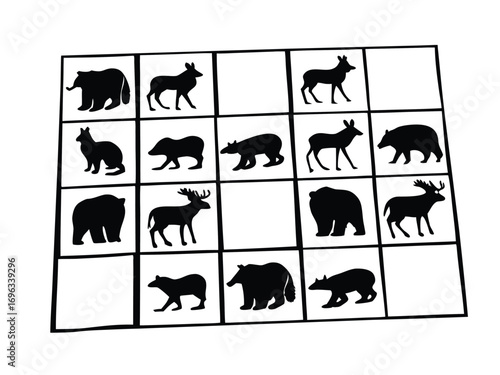 A graphic concept for a wildlife identification game, showcasing silhouettes of bears, deer, and moose within a structured grid