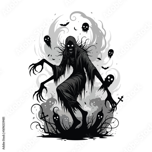 Silhouette Spooky Halloween Art. Terrifying dark ghostly figure emerging from a spooky haunted cemetery scene.