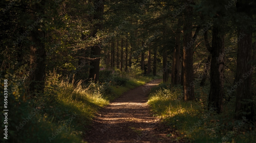 Obraz premium A sun-drenched woodland path winds through a dense forest, casting dappled shadows on the earthy trail.