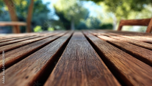 Close-up of wooden table planks, blurred garden background