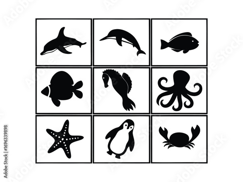 A set of high-contrast black and white illustrations of sea animals, perfect for baby flashcards and early learning visual stimulation