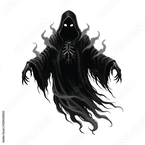 Mysterious grim reaper apparition with glowing eyes and tattered robes - Halloween Silhouette Vector Art