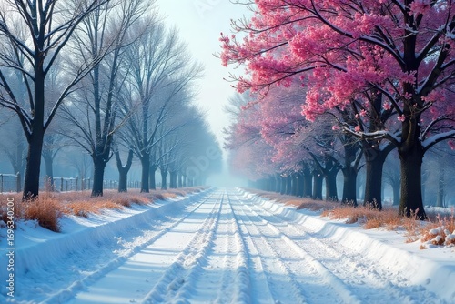 A stark, contrasting image depicting the transition from the cold, snowy month of January to the warmer, budding month of March Frozen landscape gives way to early spring thaw , frozen, earth, time