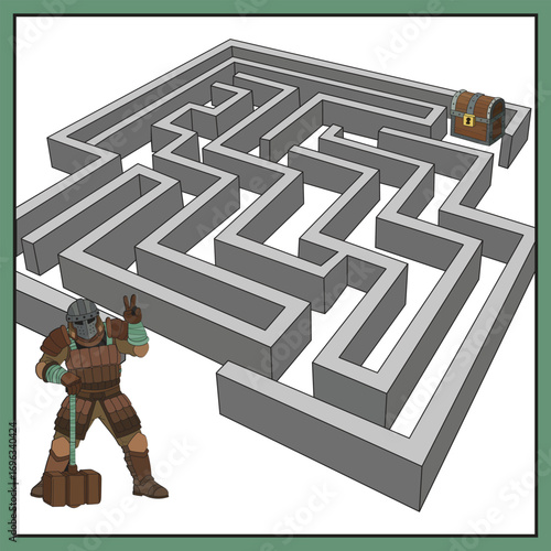 Warrior Facing 3D Maze with Treasure – Fantasy Adventure Illustration