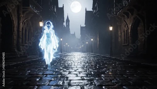Ethereal Spirit Glides Through Mystical Cobblestone Alley Under a Full Moon.