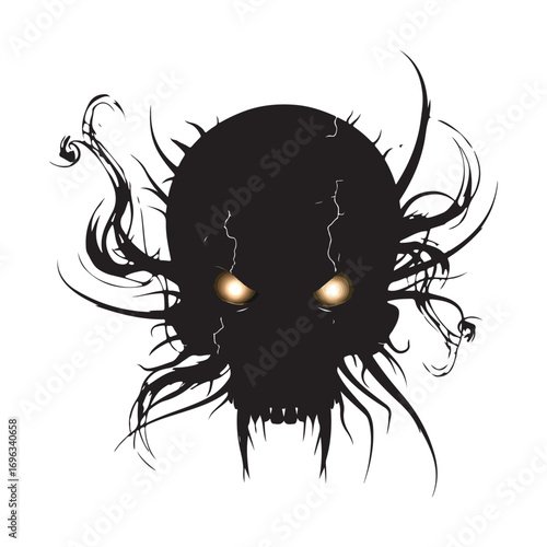 Dark silhouette skull with glowing eyes and tangled black tendrils - Halloween Silhouette Vector Art