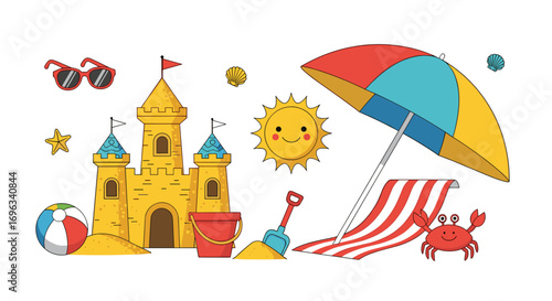 A cheerful beach scene illustration featuring a sandcastle umbrella crab sunglasses beach ball and sunny weather