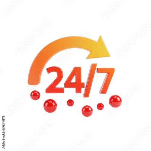 3d 24/7 service icon with rotating arrow and bubbles for continuous support transparent background