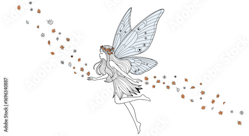 Enchanting fairy with delicate butterfly wings fluttering through a magical stream of falling leaves