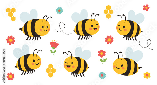 Cute cartoon bees flying amongst flowers and honeycombs for a whimsical springtime scene